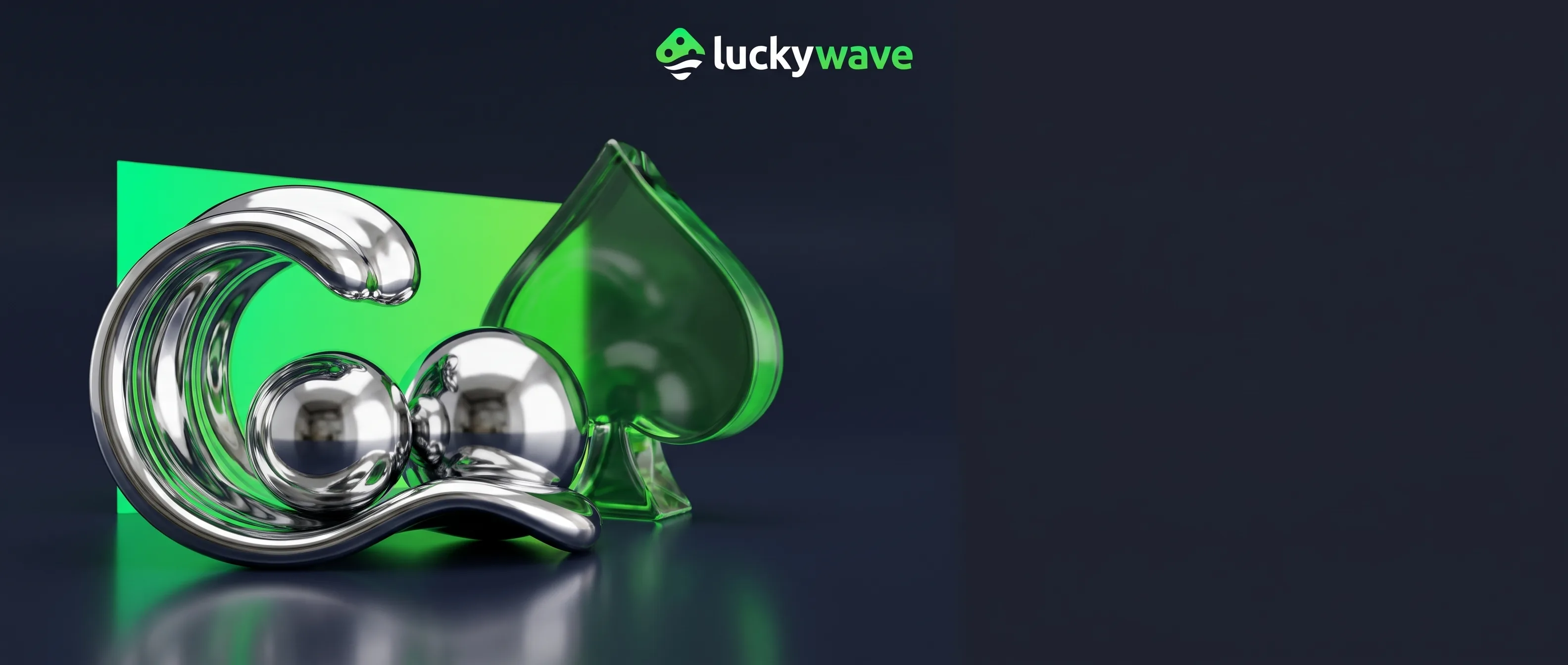 Chromwelle und grüne Spielkarte auf dunklem LuckyWave-Hintergrund