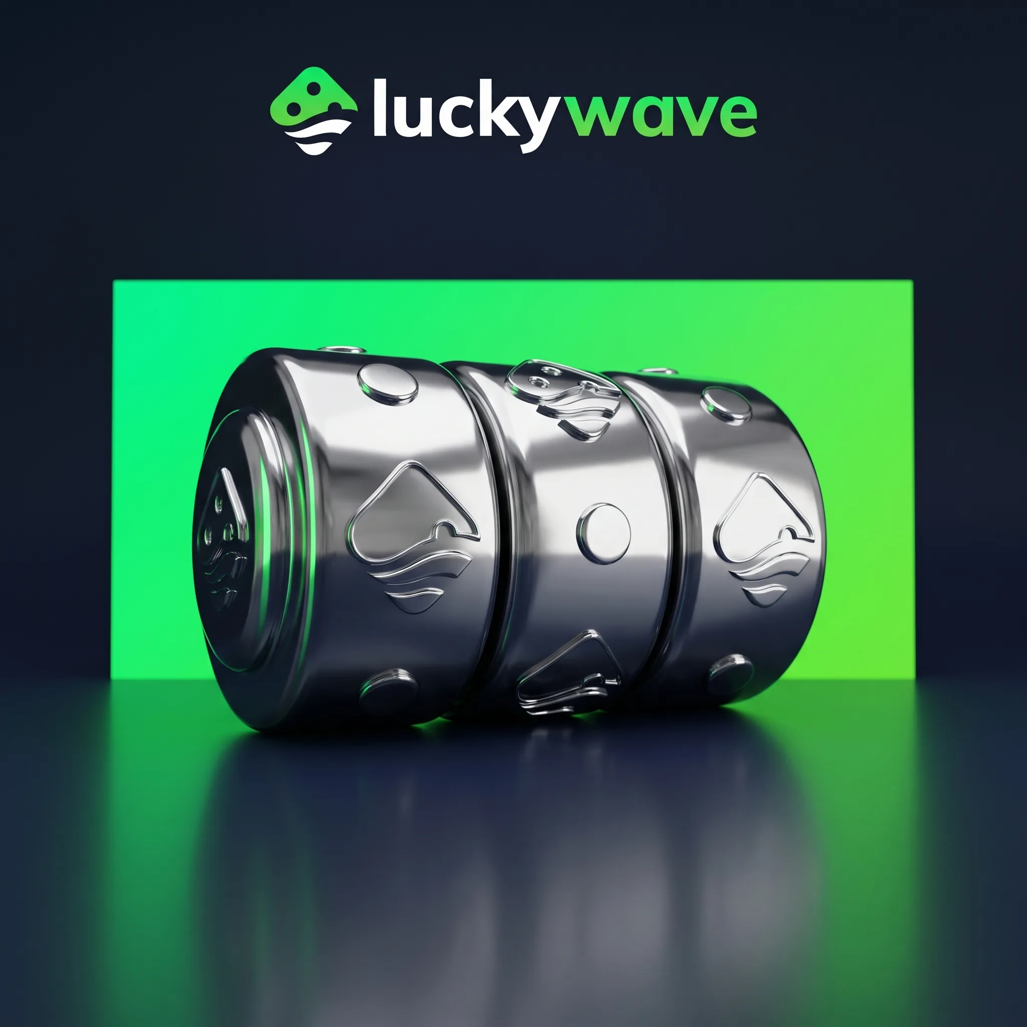 Chromfarbene Slotwalzen vor grünem LuckyWave-Hintergrund